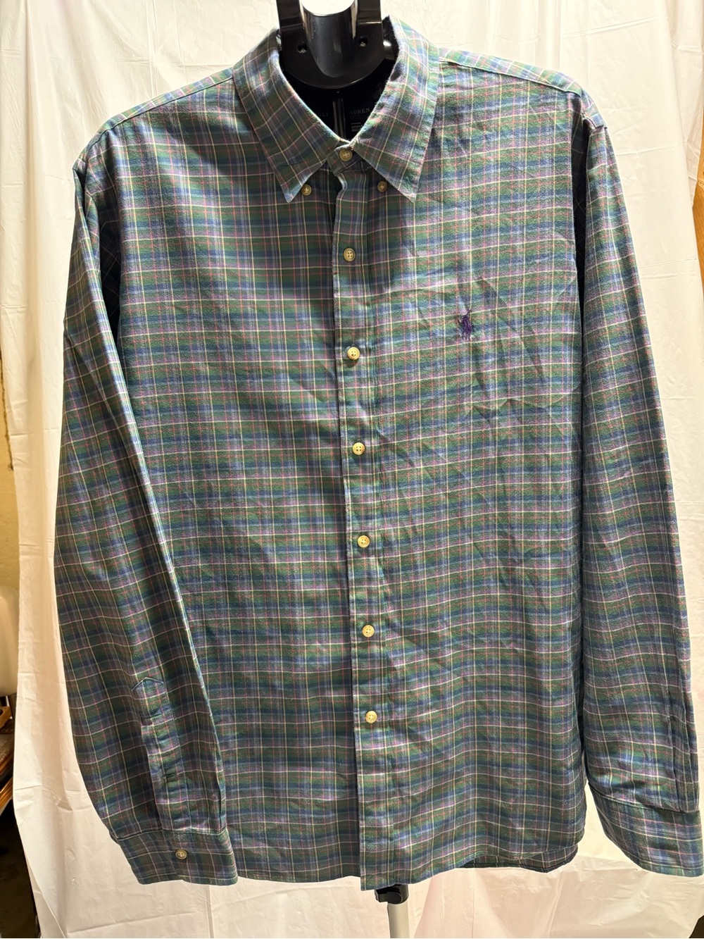 Ralph Lauren XXL Blue Green Plaid Cotton Button Down Shirt Purple Pony